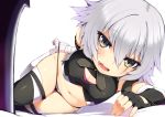  1girl bandage bandaged_arm bangs bare_shoulders black_gloves black_legwear black_panties black_shirt blush breasts cleavage_cutout eyebrows_visible_through_hair facial_scar fate/apocrypha fate/grand_order fate_(series) fingerless_gloves gloves green_eyes grey_hair hair_between_eyes jack_the_ripper_(fate/apocrypha) long_hair navel nejime open_mouth panties scar scar_across_eye scar_on_cheek shirt simple_background small_breasts solo thigh-highs underwear white_background 