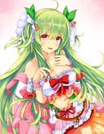  1girl bare_shoulders bow breasts cherry_hair_ornament cleavage cowboy_shot flower_knight_girl food_themed_hair_ornament frills green_hair hair_bobbles hair_ornament highres large_breasts layered_skirt leaf long_hair looking_at_viewer midriff multicolored multicolored_eyes navel pink_eyes pink_skirt red_bow sakuranbo_(flower_knight_girl) skirt smile solo suzume_(simple0091) two_side_up white_background yellow_eyes 