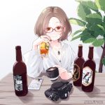  1girl alcohol artist_name beer beer_bottle bob_cut bottle brown_hair camera camera_lens canon_(company) cellphone crested_ibis glass glasses haya_bs highres jewelry original pendant phone short_hair smile solo table upper_body white_background 