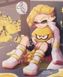 1boy artist_name black_shorts blonde_hair boots closed_eyes coat commentary_request domino_mask earrings emperor_(splatoon) full_body glaring inkling inumaru_akagi jacket_on_shoulders jewelry long_sleeves male_focus mask open_clothes open_coat paint_splatter parted_lips pixiv_id prince_(splatoon) shorts sigh signature sitting sitting_on_lap sitting_on_person sleeping sparkle splatoon splatoon_(manga) squid squid_beakon_(splatoon) sweatdrop white_coat white_footwear 