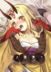  1girl :o blonde_hair breasts facial_mark facial_tattoo fang fate/grand_order fate_(series) forehead_mark highres ibaraki_douji_(fate/grand_order) japanese_clothes kimono long_hair looking_at_viewer lying on_back oni_horns open_mouth red_skin slit_pupils small_breasts solo_focus tattoo upper_body yamacchi yellow_eyes yellow_kimono 