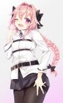  1boy ;d androgynous astolfo_(fate) black_bow black_legwear black_skirt blush bow braid chaldea_uniform cowboy_shot crossdressinging fate/grand_order fate_(series) hair_bow hair_intakes long_hair looking_at_viewer male_focus nekomiya_noru_(yuduki710) one_eye_closed open_mouth pantyhose pink_hair shirt single_braid skirt smile solo standing trap violet_eyes white_shirt 