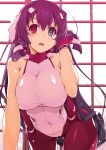  1girl asama_tomo bare_shoulders blue_eyes breasts commentary_request covered_navel fingerless_gloves gloves hair_ornament heterochromia highres kyoukaisenjou_no_horizon large_breasts leotard long_hair looking_at_viewer open_mouth pantyhose purple_hair red_eyes shikei sleeveless solo 