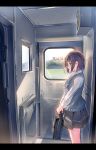  1girl bag breasts cardigan commentary_request daito from_side ground_vehicle highres holding loafers long_sleeves original pleated_skirt school_bag school_uniform shoes skirt solo standing train train_interior uniform window 