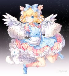  1girl angel_wings bell blonde_hair blue_eyes bow cat commission cutesu_(cutesuu) double_bun dress eyepatch frilled_dress frills hair_bun long_sleeves original short_hair smile tonowa wings 