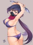  1girl armpits arms_up artist_logo ass ayame_(gundam_build_divers) black_hair breasts butt_crack cowboy_shot face_mask from_behind grey_background gundam gundam_build_divers honda_naoki kunai large_breasts long_hair looking_at_viewer looking_back mask ninja simple_background solo violet_eyes weapon 