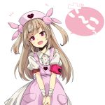 1girl apron collared_shirt hair_ornament hat heart light_brown_hair long_hair looking_at_viewer natori_sana notice_lines nurse_cap ogami_kazuki pink_apron pink_eyes pink_hat puffy_short_sleeves puffy_sleeves sana_channel shirt short_sleeves simple_background solo two_side_up v_arms virtual_youtuber white_background 