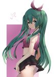  1girl ass cow crop_top dated from_side green_eyes green_hair hair_between_eyes hair_ribbon hatsune_miku highres long_hair looking_at_viewer midriff number_tattoo ribbon skirt smile solo tattoo twintails very_long_hair vocaloid 