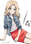  1girl arm_support artist_name blonde_hair blue_eyes blue_jacket bukkuri casual character_name closed_mouth commentary dated denim denim_jacket eyebrows_visible_through_hair girls_und_panzer hair_intakes jacket kay_(girls_und_panzer) long_hair long_sleeves looking_at_viewer miniskirt open_clothes open_jacket pencil_skirt red_skirt shirt signature simple_background sitting skirt sleeves_rolled_up smile solo white_background white_shirt yokozuwari 