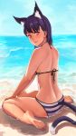  1girl animal_ears back barefoot beach bikini cat_ears cat_tail feet highres lips looking_at_viewer looking_back ocean original red_eyes sitting sky smile soles solo striped striped_bikini swimsuit tail toes wariza water wet wuguno_ziran_juan 