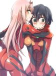  1boy 1girl ass bangs black_hair blue_eyes blush bodysuit breasts commentary_request cosplay couple darling_in_the_franxx evangelion:_3.0_you_can_(not)_redo eyebrows_visible_through_hair green_eyes hand_on_another&#039;s_neck herozu_(xxhrd) hetero hiro_(darling_in_the_franxx) horns large_breasts long_hair looking_back neon_genesis_evangelion oni_horns pilot_suit pink_hair plugsuit rebuild_of_evangelion red_bodysuit red_horns short_hair souryuu_asuka_langley souryuu_asuka_langley_(cosplay) sweatdrop zero_two_(darling_in_the_franxx) 