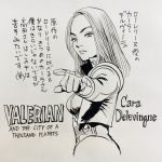  1girl breasts copyright_name from_side gloves highres ink_(medium) jacket laureline medium_breasts monochrome photo pointing serious solo traditional_media translation_request upper_body urasawa_naoki valerian_and_the_city_of_a_thousand_planets 