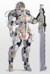  1girl absurdres armor battlesuit black_hair black_legwear breasts brown_eyes cleavage cyborg full_body gauntlets gluteal_fold grey_background groin gun helmet highres holding holding_weapon large_breasts long_hair original planted_weapon see-through solo standing thigh-highs warrior weapon wei_(kaminari0411) 