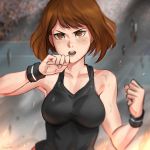  1girl absurdres bangs black_shirt boku_no_hero_academia breasts brown_eyes brown_hair clenched_hand crowd debris dirty embers frown highres large_breasts looking_at_viewer open_mouth ragecndy shirt short_hair solo_focus stadium sweatband tank_top upper_body uraraka_ochako 