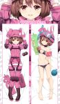  1girl :t animal_hat arm_up arms_up bangs bare_legs barefoot bed_sheet bikini black_bikini black_footwear blush boots breasts brown_hair bullpup bunny_hat closed_mouth collarbone commentary_request cross-laced_footwear dakimakura eyebrows_visible_through_hair fingernails fur-trimmed_jacket fur_trim gloves goggles goggles_on_headwear gun hair_between_eyes hands_on_headwear hat highres holding inflatable_armbands jacket lace-up_boots llenn_(sao) long_sleeves lying menggongfang multiple_views navel on_back p-chan p90 pants parted_lips pink_gloves pink_hat pink_jacket pink_pants pout red_eyes short_hair small_breasts snorkel submachine_gun swimsuit sword_art_online sword_art_online_alternative:_gun_gale_online trigger_discipline weapon 