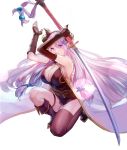  1girl arm_up armpits asymmetrical_gloves belt black_footwear black_gloves black_legwear blue_eyes breasts cleavage elbow_gloves gloves granblue_fantasy highres holding holding_sword holding_weapon katana large_breasts lavender_hair long_hair low_tied_hair narmaya_(granblue_fantasy) one_knee open_mouth purple_hair single_thighhigh sleeveless squatting sword thigh-highs thigh_strap thighs weapon ya99ru 