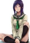  1girl absurdres black_legwear blue_hair blush double-breasted green_neckwear hands_on_own_legs highres knee_up kneehighs long_sleeves love_live! love_live!_sunshine!! matsuura_kanan napo8593 neckerchief ponytail school_uniform serafuku sidelocks sideways_glance simple_background sitting skirt smile solo tie_clip uranohoshi_school_uniform violet_eyes white_background 