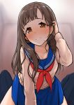  1boy 1girl adjusting_hair blue_skirt blurry blurry_background blush brown_eyes brown_hair commentary_request eyebrows_visible_through_hair girl_on_top hair_tucking heart heart-shaped_pupils highres idolmaster idolmaster_cinderella_girls idolmaster_cinderella_girls_starlight_stage long_hair looking_at_viewer mizumoto_yukari neckerchief pleated_skirt pov red_neckwear sailor_collar school_uniform serafuku signature skirt smile solo_focus straddling sweat sweater symbol-shaped_pupils takuji_yuusaku 