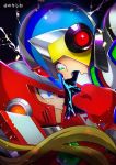  2boys android angry blonde_hair blue_eyes capcom clenched_teeth gloves green_eyes helmet highres long_hair male_focus multiple_boys no-rishio open_mouth power_armor red_gloves rockman rockman_x rockman_x2 serious teeth x_(rockman) zero_(rockman) 