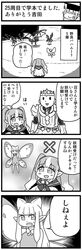  1boy 2girls 4koma :d anger_vein armor bangs blunt_bangs blush bow bowtie closed_eyes comic commentary_request crown dress eos_(ff14) eyebrows_visible_through_hair fairy fakkuma final_fantasy final_fantasy_xiv flying greyscale hair_bow hat highres knight_(final_fantasy) lalafell monochrome monster mortarboard multiple_girls open_mouth pointy_ears robe scholar_(final_fantasy) short_hair simple_background smile speech_bubble sweatdrop talking translation_request twintails two-tone_background two_side_up wings 