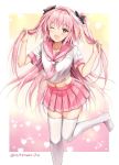  1boy astolfo_(fate) ayakawa_riku bow commentary_request crossdressinging fate/grand_order fate_(series) hair_bow holding holding_hair leg_lift long_hair midriff navel one_eye_closed open_mouth pink_eyes pink_hair pink_skirt pleated_skirt ribbon school_uniform serafuku shirt skirt smile solo standing standing_on_one_leg thigh-highs trap two_side_up very_long_hair white_legwear white_shirt 