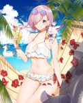  1girl animal animal_on_shoulder bikini blue_sky breasts cleavage cleavage_cutout clouds collar collarbone cup day drinking_glass drinking_straw eyebrows_visible_through_hair eyewear_on_head fate/grand_order fate_(series) flower fou_(fate/grand_order) frilled_bikini frills groin hair_over_one_eye halterneck hibiscus highres holding holding_drinking_glass looking_at_viewer mash_kyrielight navel ocean outdoors pink_hair red_flower red_ribbon ribbon round_eyewear shiny shiny_hair short_hair side-tie_bikini sino42 sky smile solo sparkle sunglasses swimsuit transparent violet_eyes white_bikini 