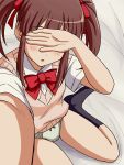  1girl bangs bed_sheet black_legwear blush bow bow_panties bowtie brown_hair brown_vest collared_shirt covering_eyes crotch_seam eyebrows_visible_through_hair facing_viewer foreshortening green_panties hair_ribbon idolmaster idolmaster_cinderella_girls lielos medium_hair no_pants ogata_chieri on_bed panties parted_lips red_neckwear red_ribbon ribbon self_shot shirt sidelocks sitting socks solo sweater_vest twintails underwear vest wariza white_shirt wing_collar 