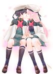  1boy 1girl bangs black_hair black_legwear boots brown_footwear capelet closed_eyes commentary_request couple darling_in_the_franxx eyebrows_visible_through_hair face-to-face forehead-to-forehead fringe hand_holding hat hetero highres hiro_(darling_in_the_franxx) long_hair long_sleeves military military_uniform necktie oojin peaked_cap petals pink_hair red_neckwear shoes short_hair signature sitting socks uniform white_capelet white_footwear white_hat zero_two_(darling_in_the_franxx) 