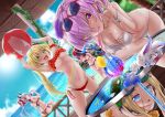  5girls :d ;) abigail_williams_(fate/grand_order) arm_support arm_up arms_up ball bangs bare_arms bare_legs bare_shoulders barefoot beach beachball bendy_straw bikini black_bikini blonde_hair blue_eyes blue_sky blush bow bracelet breasts cleavage closed_eyes closed_mouth clouds collarbone commentary_request crazy_straw creature cup day drink drinking_glass drinking_straw dutch_angle eyebrows_visible_through_hair eyewear_on_head fate/extra fate/grand_order fate_(series) flower food fou_(fate/grand_order) glass_table green_eyes hair_between_eyes hair_flower hair_intakes hair_ornament hair_over_one_eye halter_top halterneck hand_in_hair heart_straw highres holding holding_ball holding_food horizon horns jewelry katsushika_hokusai_(fate/grand_order) large_breasts layered_bikini leaning_forward legs_crossed long_hair mash_kyrielight multicolored multicolored_bikini multicolored_clothes multiple_girls navel nero_claudius_(fate) nero_claudius_(fate)_(all) ocean one_eye_closed oni oni_horns open_mouth orange_bow orange_flower outdoors palm_tree parted_bangs popsicle purple_flower purple_hair railing red-framed_eyewear red_bikini red_eyes red_flower sand sarujie_(broken_monky) seashell shell short_hair side-tie_bikini side_ponytail sidelocks silver_hair sitting sky small_breasts smile starfish striped striped_bikini sunglasses sunlight sweat swimsuit table thigh_gap tomoe_gozen_(fate/grand_order) tongue tongue_out transparent tree under_boob very_long_hair violet_eyes water white_bikini 