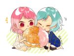  2girls aqua_hair bang_dream! bangs chibi closed_eyes commentary_request diagonal-striped_background diagonal_stripes doughnut eating floral_print food hair_down hikawa_hina maruyama_aya medium_hair minigirl multiple_girls notice_lines pink_eyes pink_hair plaid shared_food shi_noyuki short_hair side_braids sitting skirt striped striped_background twitter_username v-shaped_eyebrows 