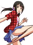  1girl :o black_hair blue_skirt brown_eyes commentary_request cowboy_shot crotch_seam flower from_side hair_flower hair_ornament hair_tie idolmaster idolmaster_cinderella_girls kicking layered_clothing lielos long_hair looking_at_viewer miniskirt motion_blur nakano_yuka open_clothes open_mouth open_shirt panties pantyshot pantyshot_(kicking) plaid plaid_shirt pleated_skirt print_shirt red_shirt shirt simple_background skirt sleeves_rolled_up solo standing twintails underwear v-shaped_eyebrows white_background white_panties white_shirt 