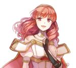  1girl arm_guards bare_shoulders black_gloves breastplate celica_(fire_emblem) detached_collar fingerless_gloves fire_emblem fire_emblem_echoes:_mou_hitori_no_eiyuuou gloves hairband long_hair open_mouth red_eyes redhead simple_background solo white_background yukimiyuki 