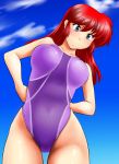  1girl absurdres blue_sky clouds commentary_request competition_swimsuit cowboy_shot day genderswap genderswap_(mtf) hair_down hands_on_hips highleg highres long_hair nanao_futaba one-piece_swimsuit outdoors purple_swimsuit ranma-chan ranma_1/2 redhead saotome_ranma sky solo swimsuit 