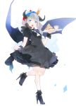  1girl :d ama_mitsuki black_dress black_footwear blue_eyes braid commentary_request cup dress full_body gradient_hair grey_hair hair_ornament high_heels holding horns multicolored_hair open_mouth original smile solo standing standing_on_one_leg star star_print tray waitress wings wrist_cuffs 