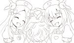  &gt;_&lt; 2girls :d ^_^ abigail_williams_(fate/grand_order) apron bangs blush bow bunny_hair_ornament center_frills closed_eyes collared_shirt commentary_request cosplay crossover eyebrows_visible_through_hair facing_viewer fang fate/grand_order fate_(series) forehead frills hair_between_eyes hair_bow hair_ornament hat head_tilt heart highres holding mitchi monochrome multiple_girls natori_sana natori_sana_(cosplay) nurse_cap open_mouth parted_bangs pom_poms puffy_short_sleeves puffy_sleeves sana_channel shirt short_sleeves simple_background smile two_side_up white_background 