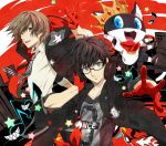  2boys akechi_gorou amamiya_ren black_hair blonde_hair brown_hair cat glasses gloves highres jacket looking_at_viewer male_focus morgana_(persona_5) multiple_boys persona persona_5 pochi-a red_eyes short_hair smile 