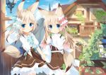  2girls animal_ears balcony blonde_hair bloomers blue_eyes blue_sky bow bowtie brown_hair clouds commentary_request door dress fox_ears fox_tail frilled_dress frilled_skirt frills gradient_hair hair_ornament hand_holding house ivy kushida_you lamppost long_hair long_sleeves multicolored_hair multiple_girls original plant shirt siblings skirt sky smile tail twins two-tone_hair underwear vest wide_sleeves window 