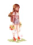 1girl arms_at_sides artist_logo artist_name backpack bag blush breasts brown_eyes brown_hair clenched_hands closed_mouth dappled_sunlight denim denim_shorts flower full_body grass grey_shorts hair_flower hair_ornament high-waist_shorts holding holding_bag long_hair looking_down looking_to_the_side nose_blush original pink_legwear red_flower red_footwear shari_cote shirt shoes short_sleeves shorts simple_background small_breasts sneakers socks solo standing sunflower sunlight white_background white_shirt yellow_flower 