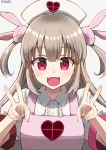  &gt;_&lt; 1girl :d apron bangs blush bunny_hair_ornament center_frills collared_shirt commentary_request double_v eyebrows_visible_through_hair fang fingernails frills grey_background hair_between_eyes hair_ornament hat heart highres light_brown_hair long_hair natori_sana nayuhi_(yukimuu14) nurse_cap open_mouth pink_apron puffy_short_sleeves puffy_sleeves red_eyes sana_channel shirt short_sleeves simple_background smile solo two_side_up v very_long_hair virtual_youtuber white_hat white_shirt 