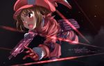  1girl animal_ears animal_hat blush brown_hair bullet_line bullpup eyebrows_visible_through_hair gloves gun hat indy_k llenn_(sao) open_mouth p-chan_(sao) p90 pink_gloves pink_hat rabbit_ears signature solo submachine_gun sword_art_online sword_art_online_alternative:_gun_gale_online weapon 