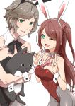  1boy 1girl akabane_youko animal_ears blush bow bowtie bowtie_removed brown_hair bunny_tail bunnysuit clearite collarbone crossdressinging detached_collar double_v fang green_eyes hair_ornament hair_scrunchie holding holding_stuffed_animal kanae_(nijisanji) long_hair looking_at_viewer mole mole_under_eye nijisanji one_eye_closed open_mouth pantyhose rabbit_ears redhead scrunchie stuffed_animal stuffed_cat stuffed_toy tail v virtual_youtuber wavy_hair wavy_mouth 