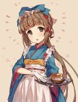  1girl apron blue_kimono blush bow brown_eyes brown_hair cowboy_shot eyebrows_visible_through_hair flower food frills gloves hair_bow hair_flower hair_ornament highres holding holding_tray idolmaster idolmaster_cinderella_girls japanese_clothes kimono long_hair looking_at_viewer macaron maid_apron maid_headdress open_mouth ponytail simple_background smile solo tamaext tray wa_maid waist_apron waitress white_apron wide_sleeves yorita_yoshino 