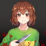 1other androgynous blood bloody_clothes brown_eyes brown_hair caramell0501 chara_(undertale) grin knife short_hair smile solo undertale 