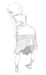  1girl bare_legs bare_shoulders bent_over commentary_request dress from_behind full_body hagiwara_yukiho highres idolmaster idolmaster_(classic) kotoyama looking_back monochrome sandals short_hair simple_background sketch sleeveless sleeveless_dress solo 