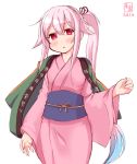  1girl artist_logo blue_hair commentary_request dated flower gradient_hair hair_flaps hair_flower hair_ornament happi harusame_(kantai_collection) highres japanese_clothes kanon_(kurogane_knights) kantai_collection kimono looking_at_viewer multicolored_hair over_shoulders pink_hair pink_kimono red_eyes ribbon side_ponytail simple_background solo white_background 