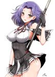  1girl absurdres bare_shoulders breasts brown_eyes capelet glaive hair_intakes highres kantai_collection open_mouth parted_lips polearm purple_hair remodel_(kantai_collection) school_uniform short_hair sideboob simple_background skirt solo tatsuta_(kantai_collection) tsumejirou weapon white_background 