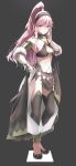  1girl absurdres bare_shoulders black_legwear braid breasts bridal_gauntlets cleavage fire_emblem fire_emblem:_kakusei fire_emblem_heroes full_body hairband high_ponytail highres long_hair midriff navel olivia_(fire_emblem) pelvic_curtain pink_eyes pink_hair ponytail simple_background sketchy solo standing twin_braids twitter_username 