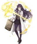  1girl bag braid breasts contemporary contrapposto dorothy_(sinoalice) energy_weapon expressionless full_body glasses jino labcoat large_breasts looking_at_viewer messy_hair official_art pantyhose purple_hair sinoalice skirt solo test_tube transparent_background violet_eyes 