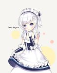  1girl apron azur_lane bangs belchan_(azur_lane) belfast_(azur_lane) black_ribbon blue_dress blush braid character_name closed_mouth commentary_request dress elbow_gloves eyebrows_visible_through_hair frilled_apron frills gloves hair_ribbon hand_up jiucheng_nainai long_hair maid_headdress one_side_up ribbon silver_hair skirt_hold sleeveless sleeveless_dress solo striped striped_ribbon violet_eyes waist_apron white_apron white_gloves younger 