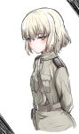  1girl alternate_costume arms_behind_back bangs belt black_belt blonde_hair blue_eyes closed_mouth commentary_request cropped_torso epaulettes eyebrows_visible_through_hair frown girls_und_panzer green_jacket high_collar highres holster jacket katyusha looking_at_viewer military military_uniform sam_browne_belt shichisaburo short_hair simple_background solo standing uniform upper_body white_background 